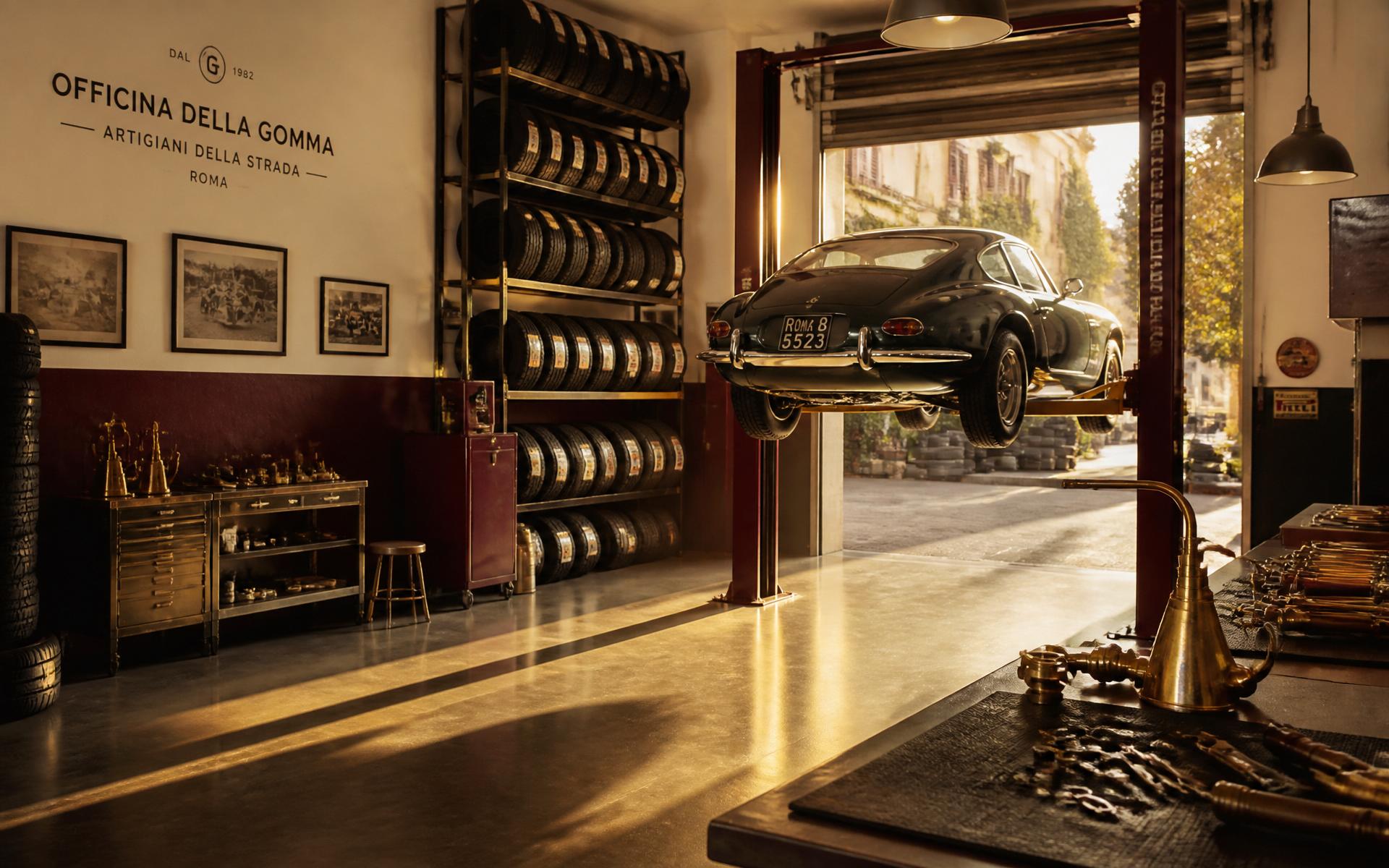 L'interno dell'officina Artigomma 8 al tramonto
